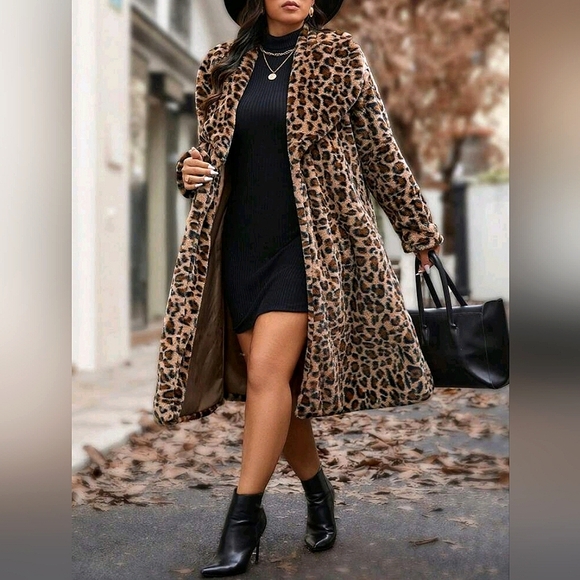 New Luxe Leopard Print Faux Fur Fluffy Coat Jacket PLUS Brown Black Tan - Picture 2 of 9